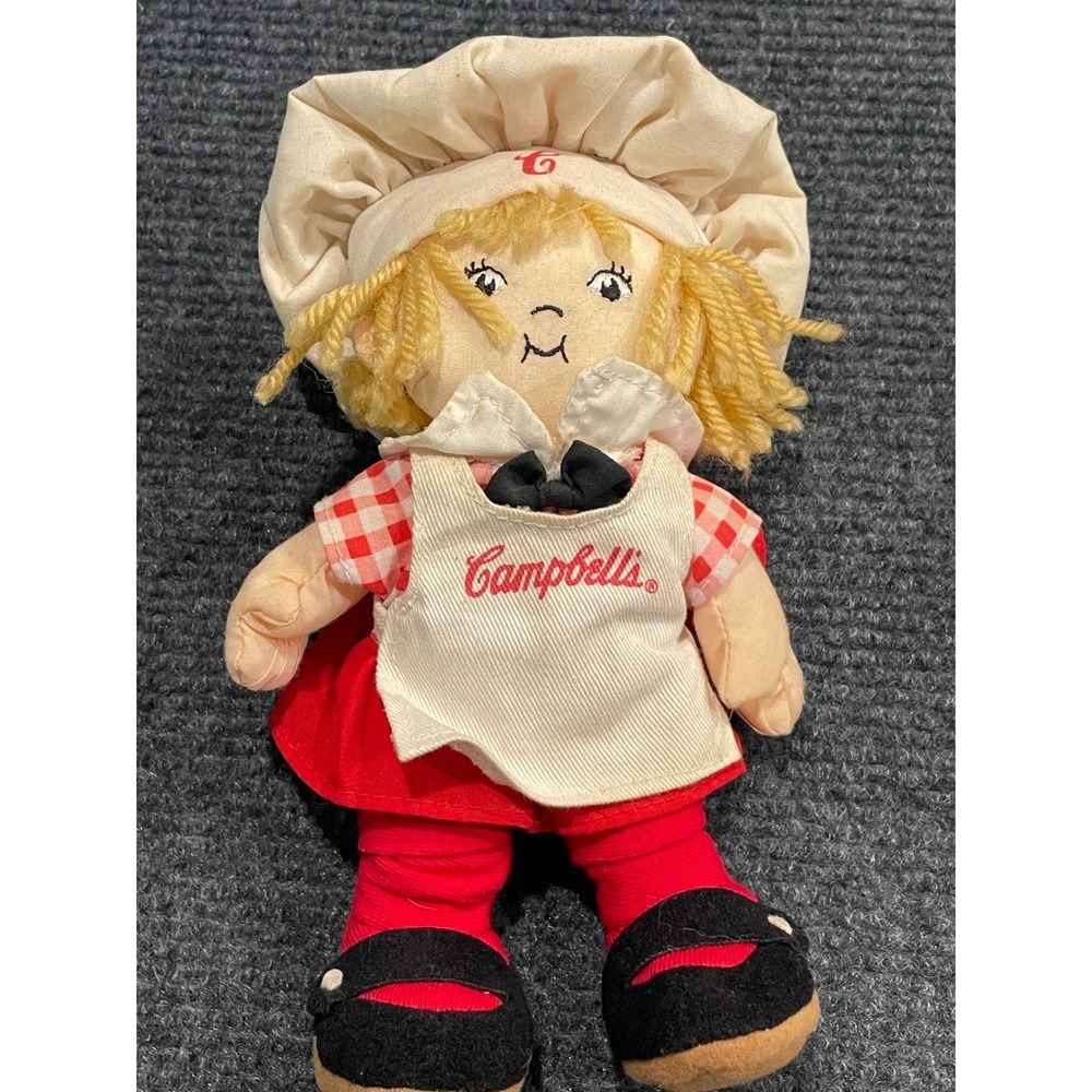 Vintage Campbells Soup Girl Plush Rag Doll Chef Hat Red Gingham 9 Inch Mascot